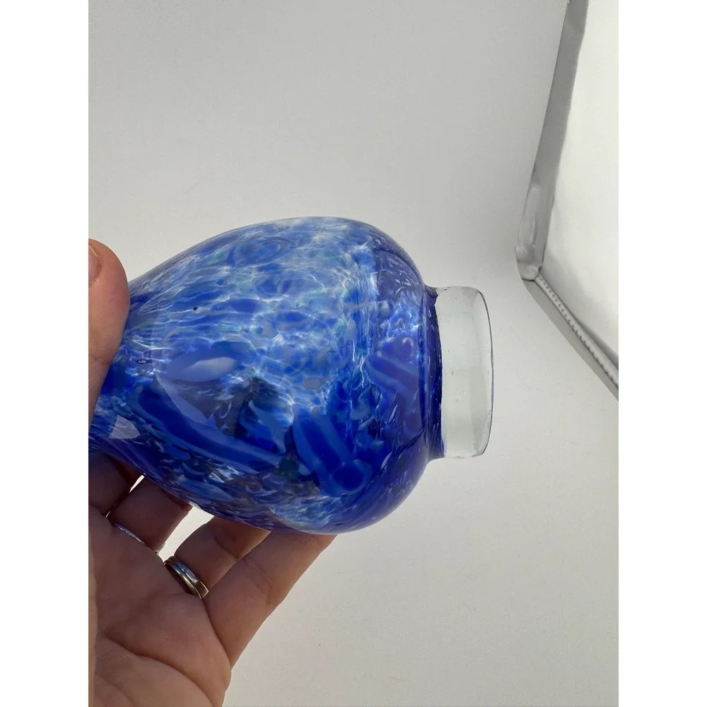 Blue Art Glass Vase Swirl‎ Design Round Home Decor Unique Small Vase
